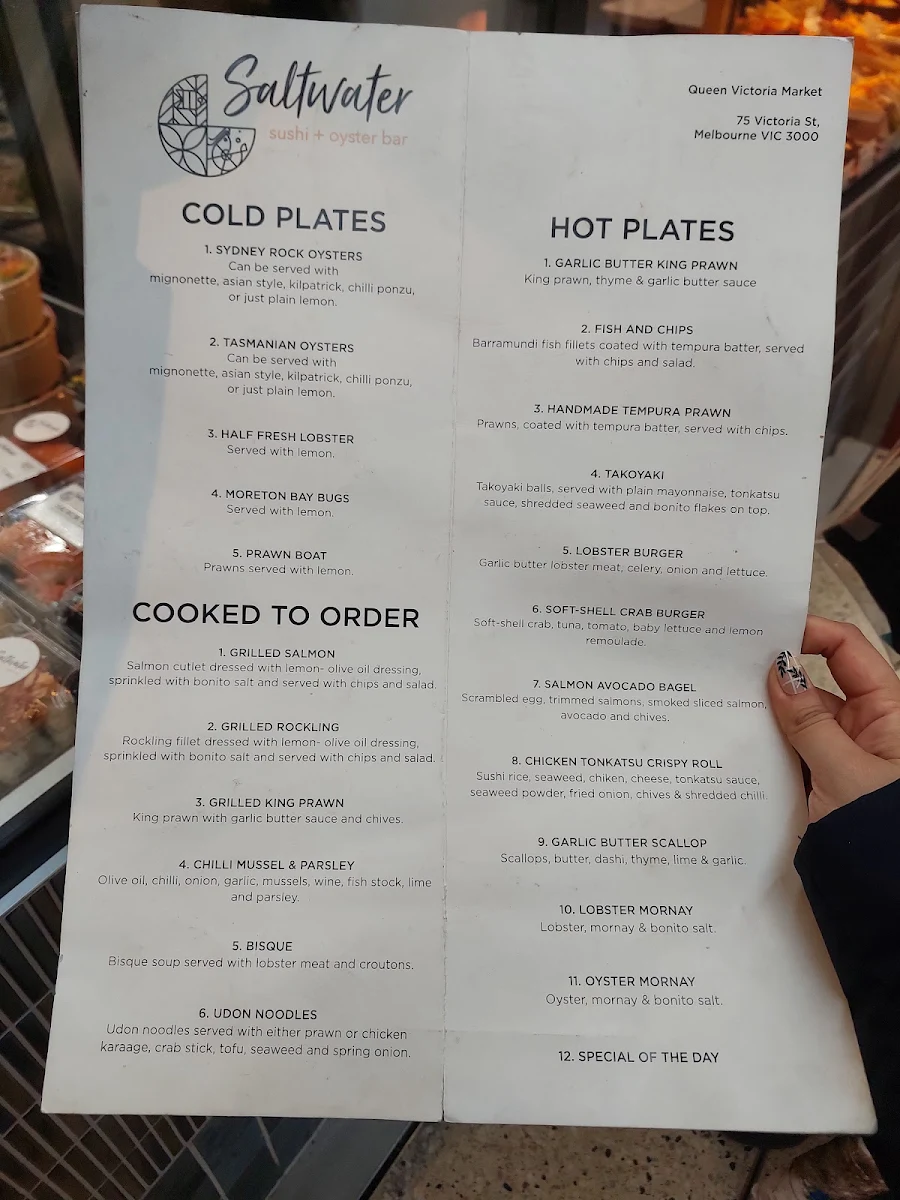 Menu, Saltwater Sushi and Oyster Bar
