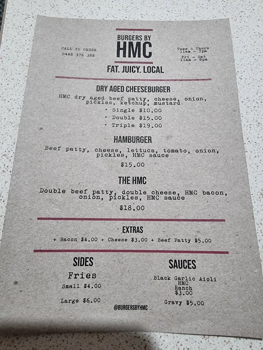 Menu, Burgers by HMC