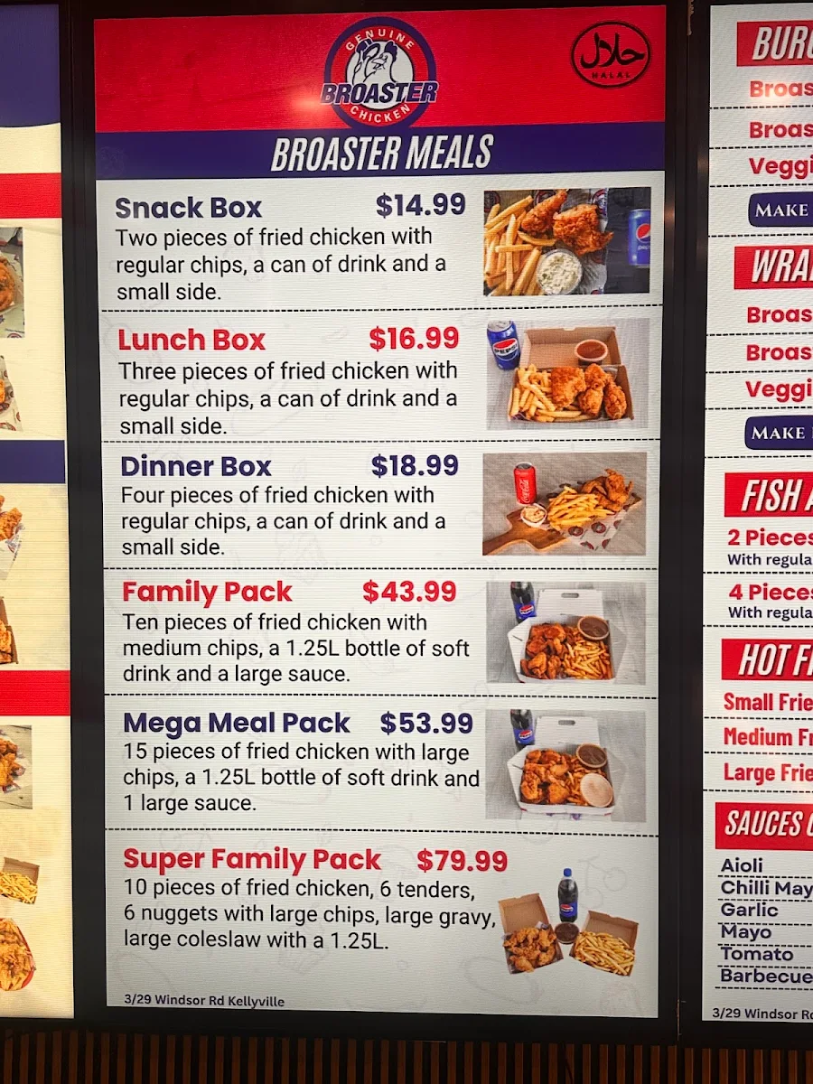 Menu, Broaster chicken Kellyville