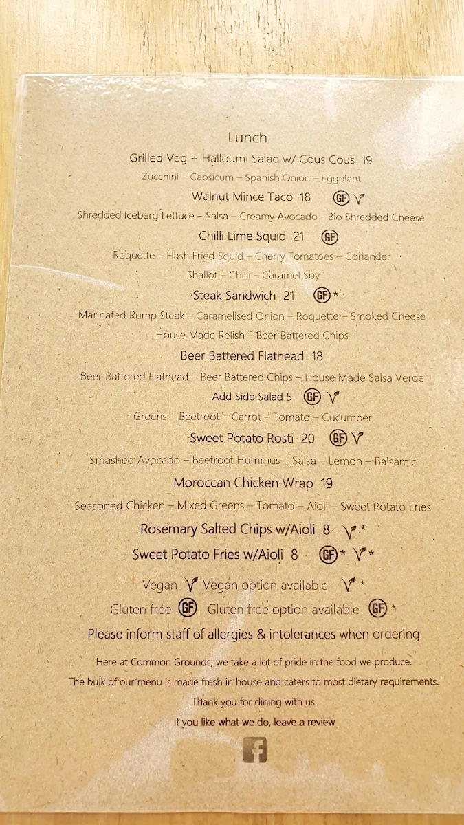 Menu, Common Grounds Morpeth