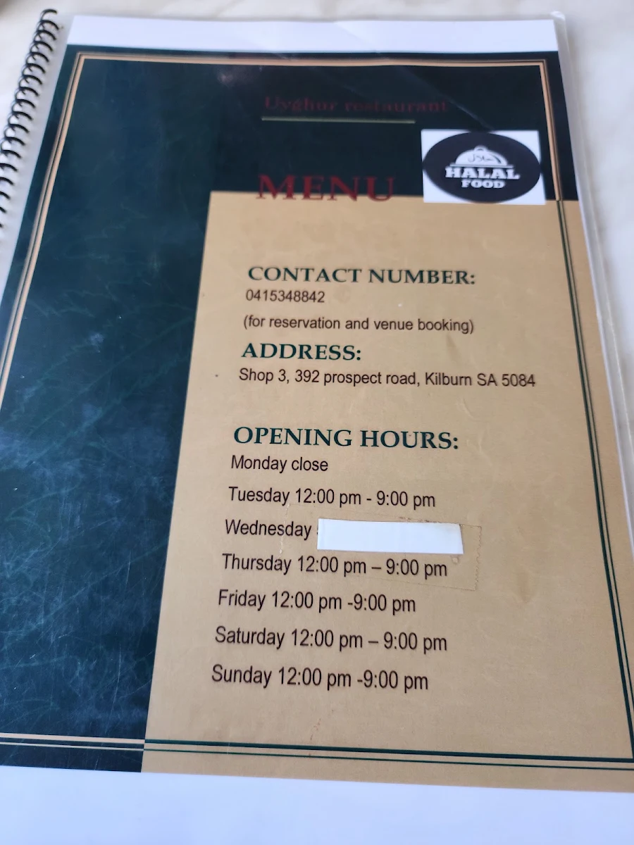 Menu, Uyghur Restaurant