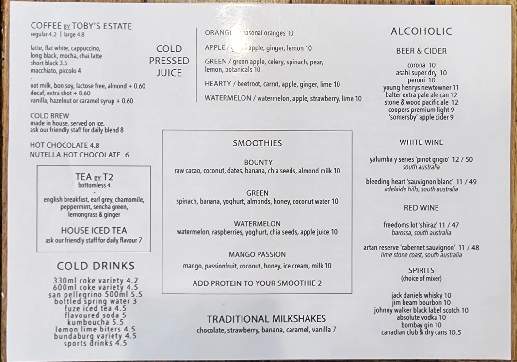 Menu, Industrial Harvest Telopea Place