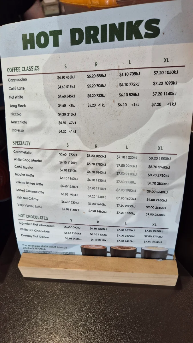 Menu, Gloria Jean's Woodcroft