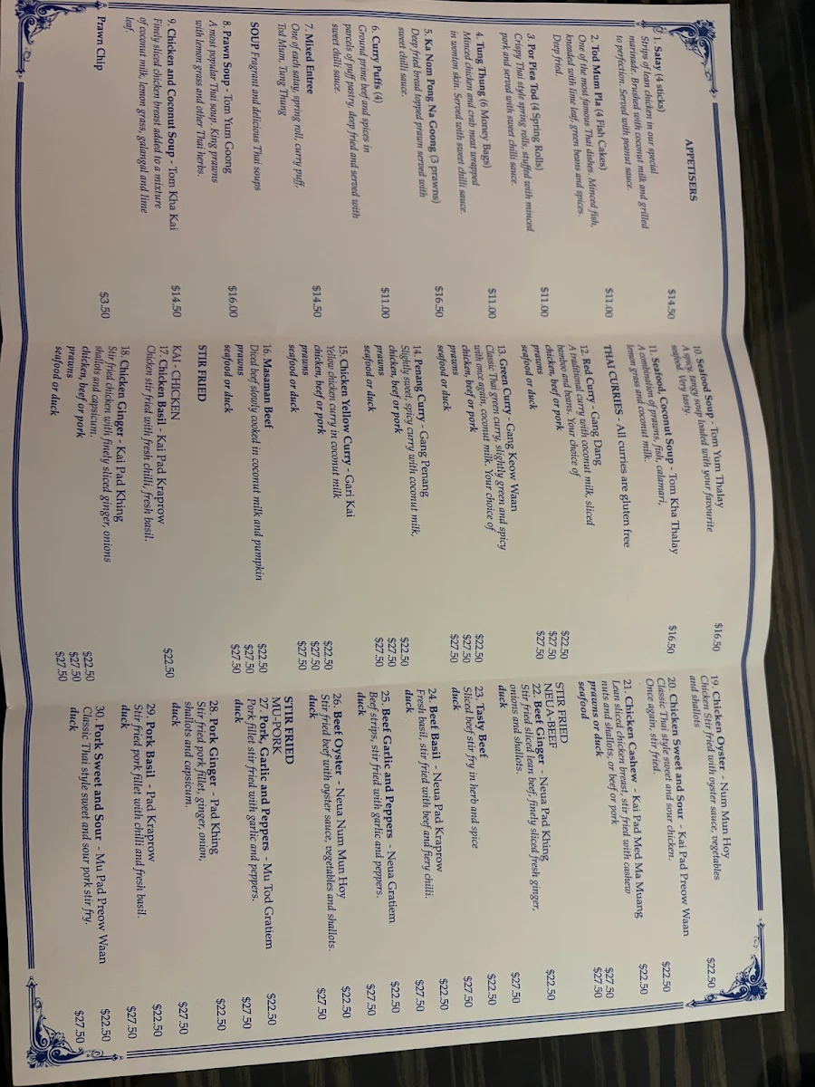 Menu, Thai Takeaway