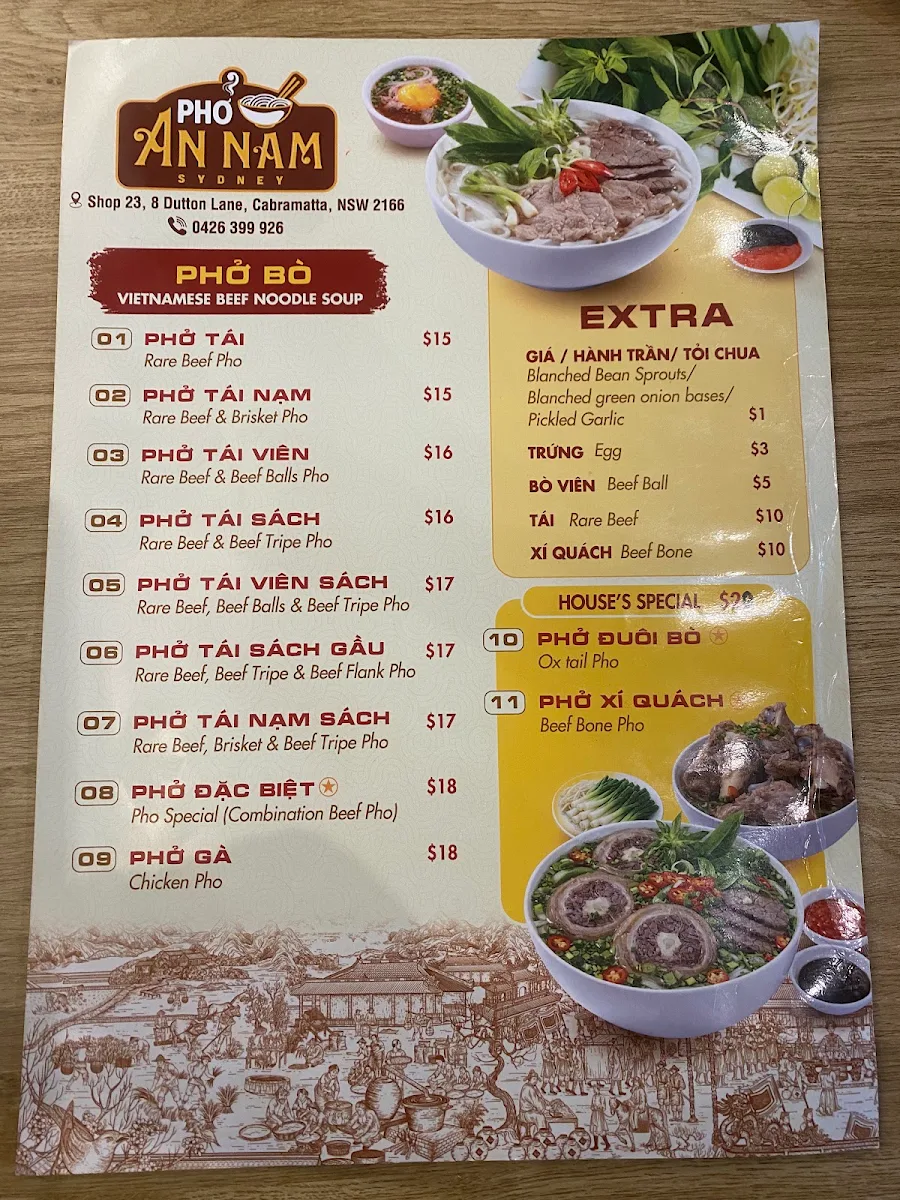 Menu, Pho An Nam Sydney
