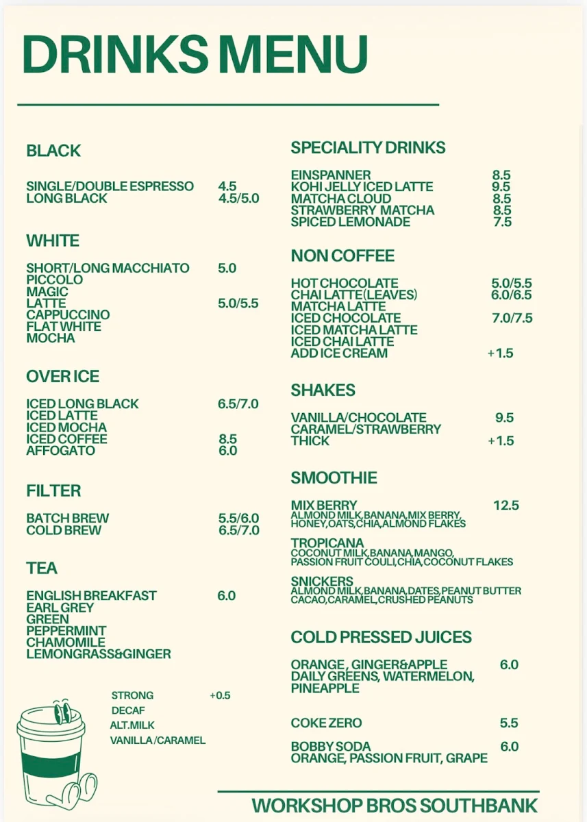 Menu, Workshop Bros Southbank
