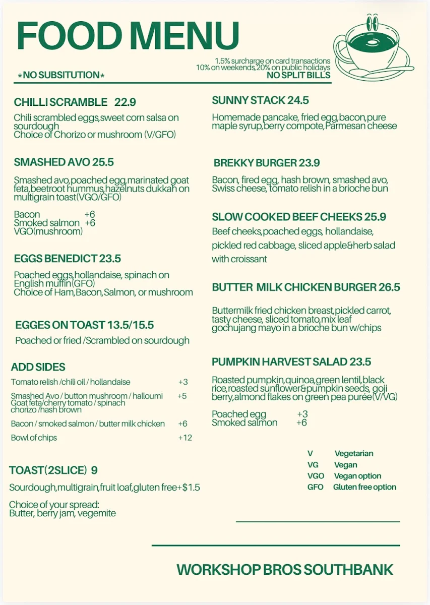 Menu, Workshop Bros Southbank