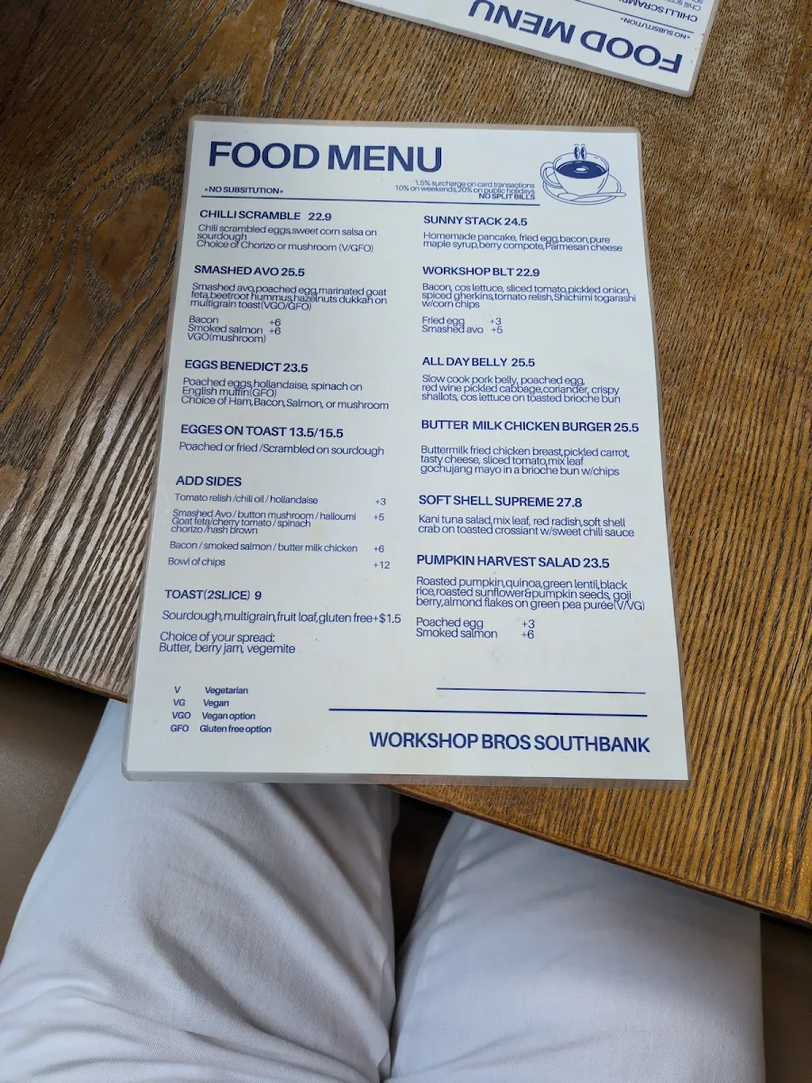 Menu, Workshop Bros Southbank