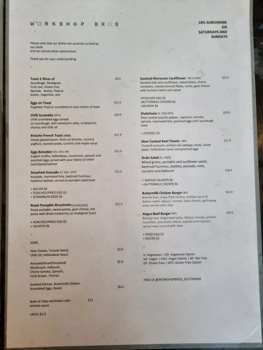 Menu, Workshop Bros Southbank