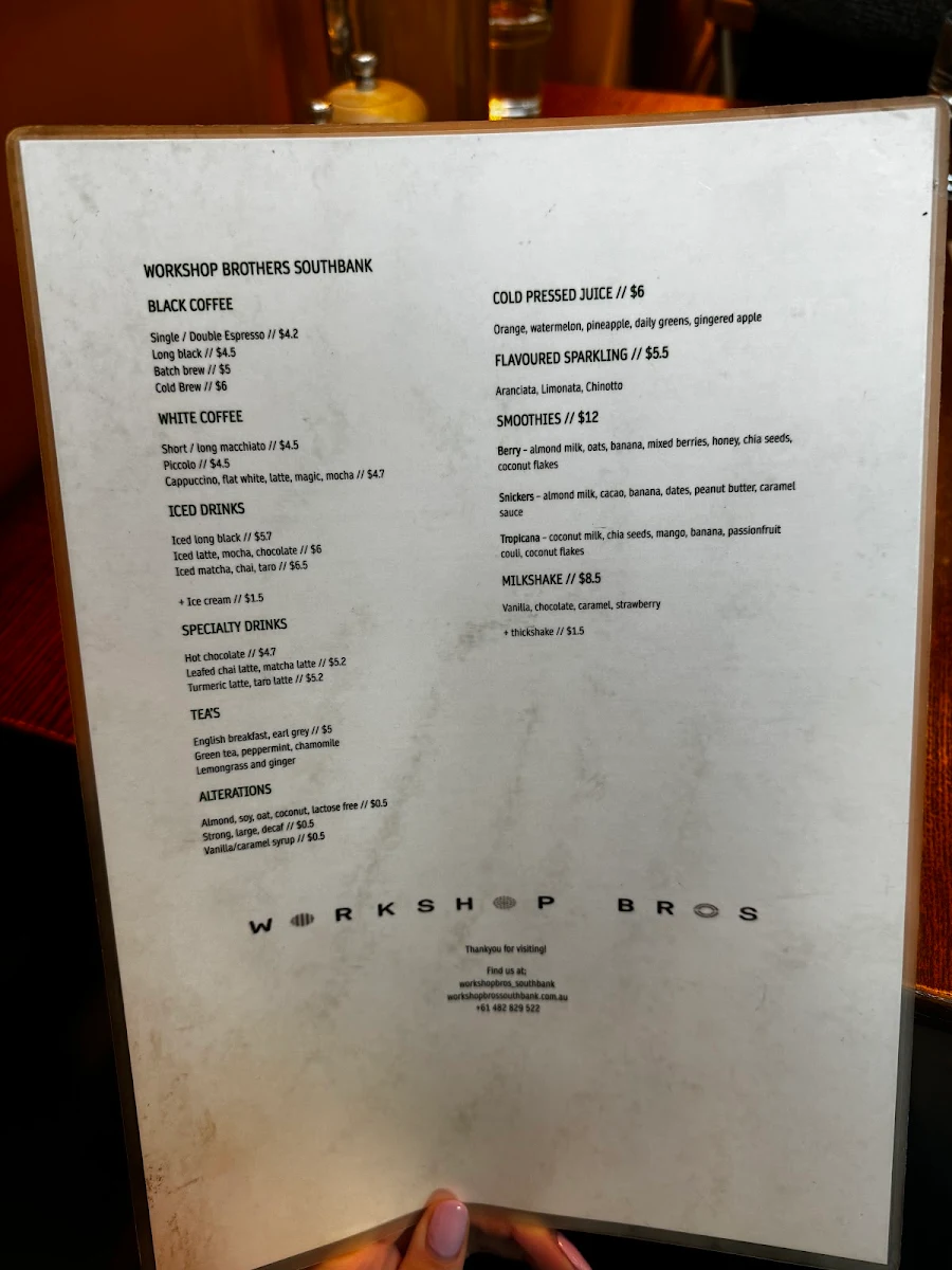 Menu, Workshop Bros Southbank