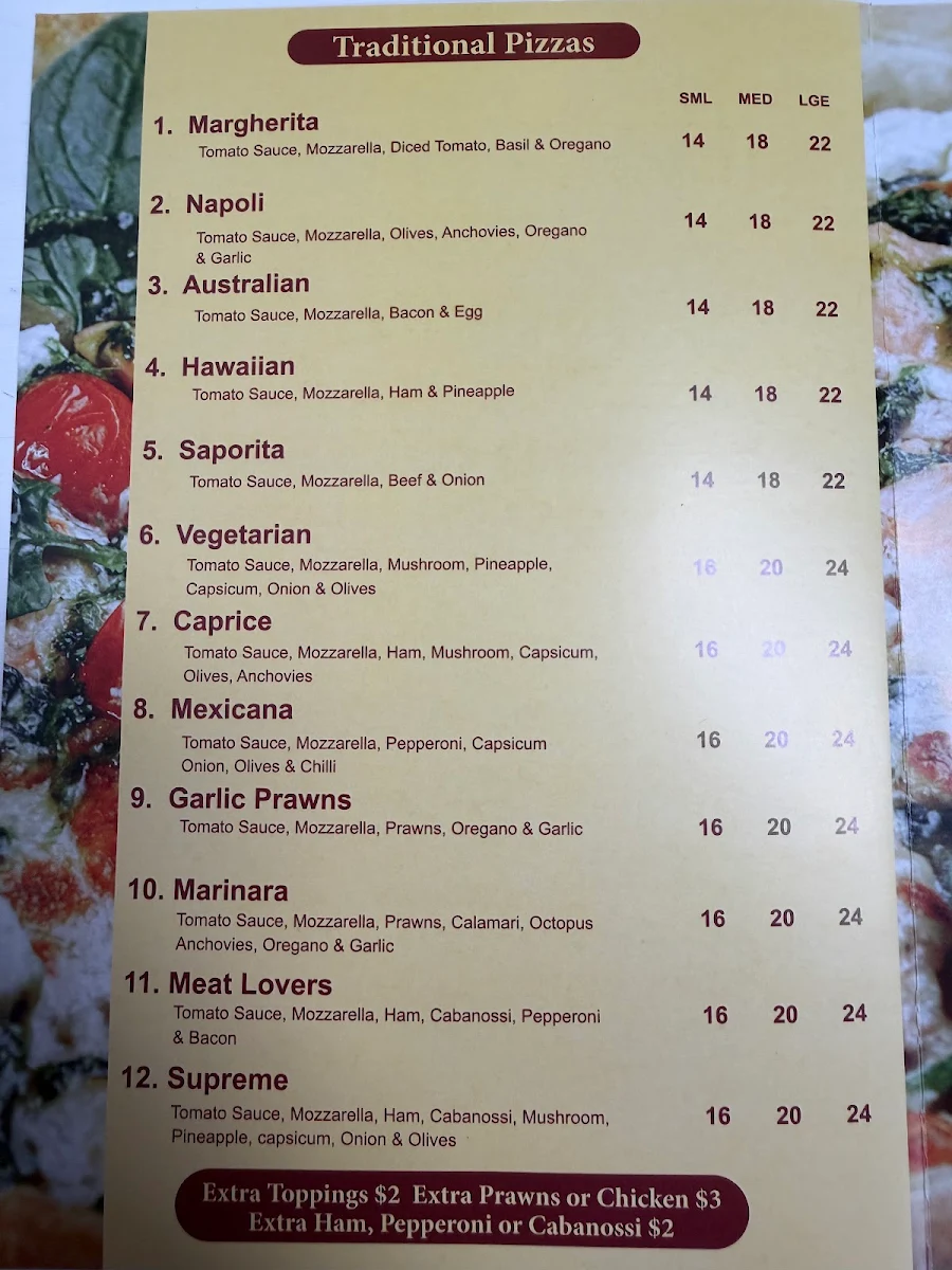 Menu, Tonino's Italian Pizzeria
