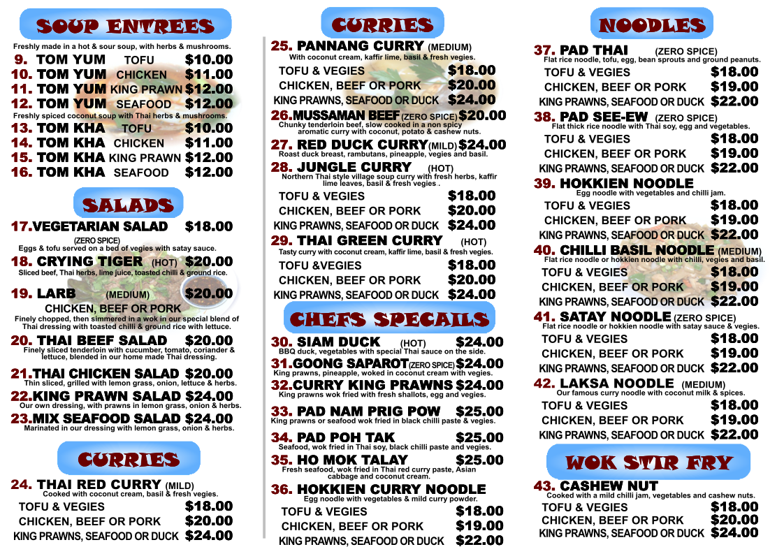 Menu, Annola Thai Restaurant