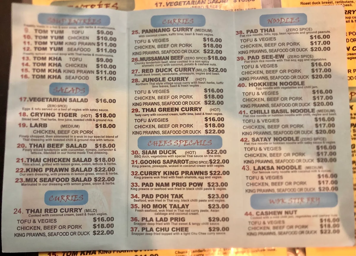 Menu, Annola Thai Restaurant