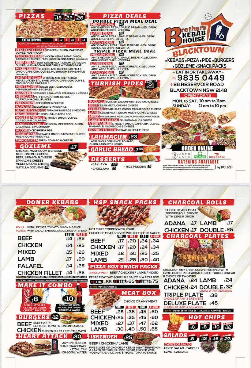 Menu, Brother’s Kebab House Blacktown