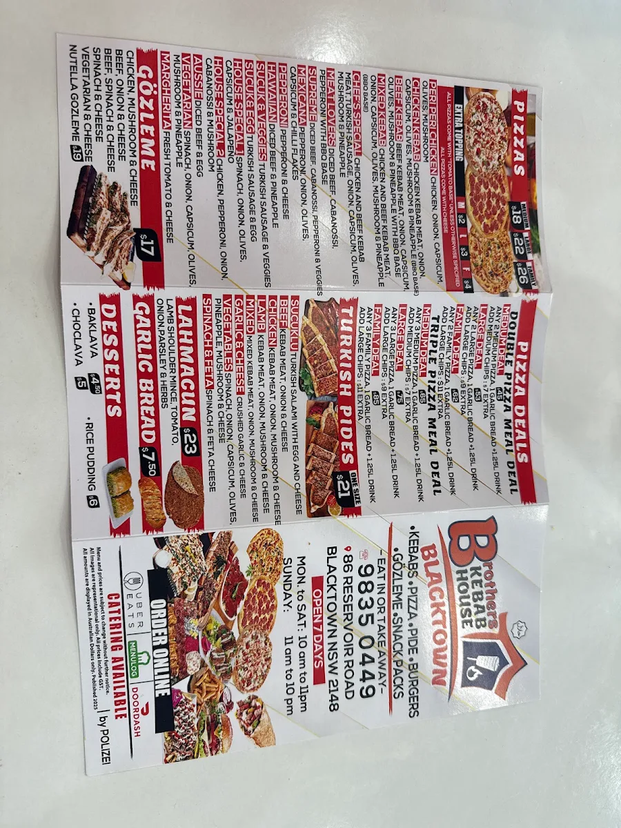 Menu, Brother’s Kebab House Blacktown