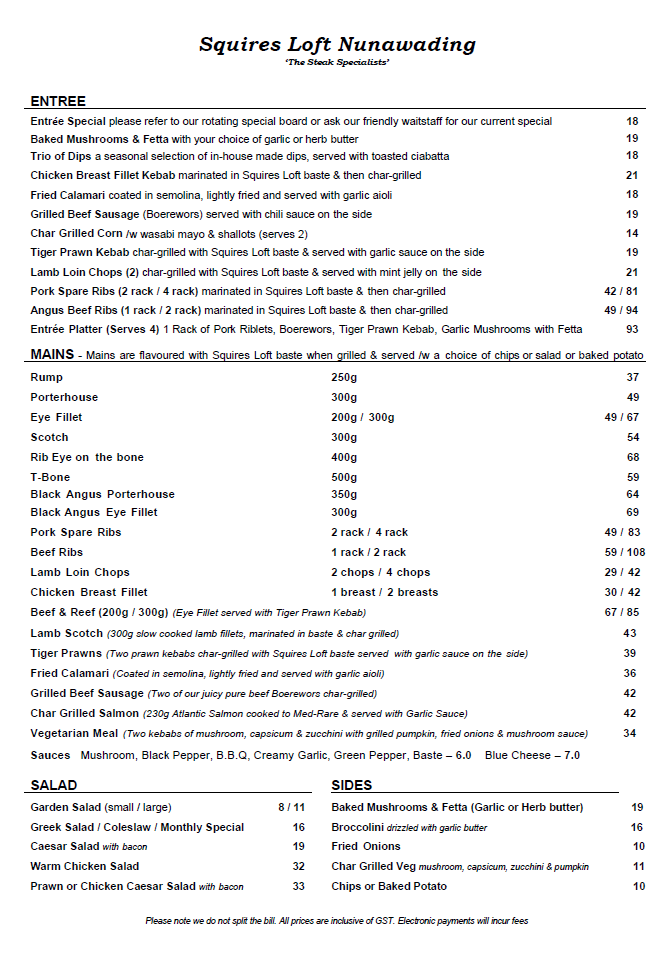 Menu, Squires Loft Nunawading