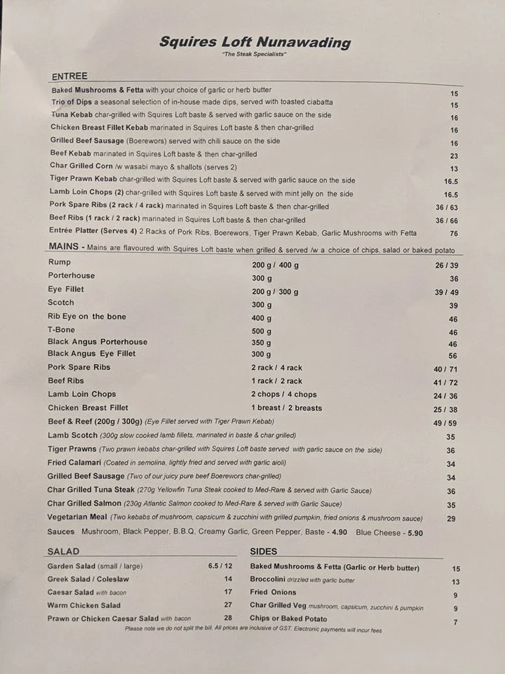 Menu, Squires Loft Nunawading