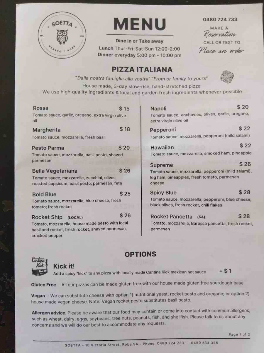 Menu, La Diga Pizzeria Soetta Cafe