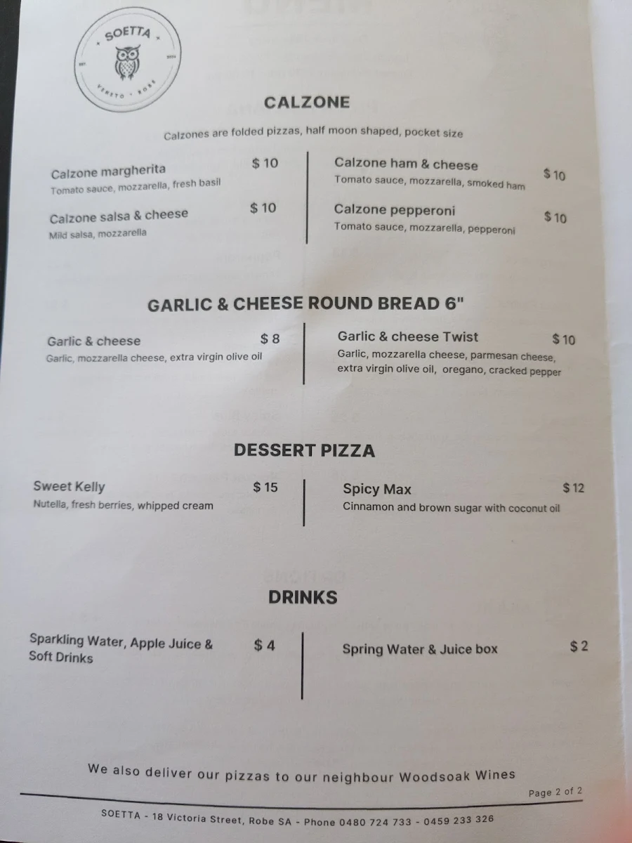 Menu, La Diga Pizzeria Soetta Cafe