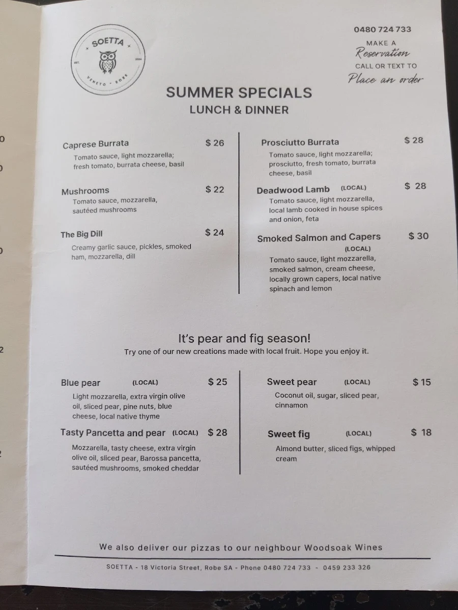 Menu, La Diga Pizzeria Soetta Cafe