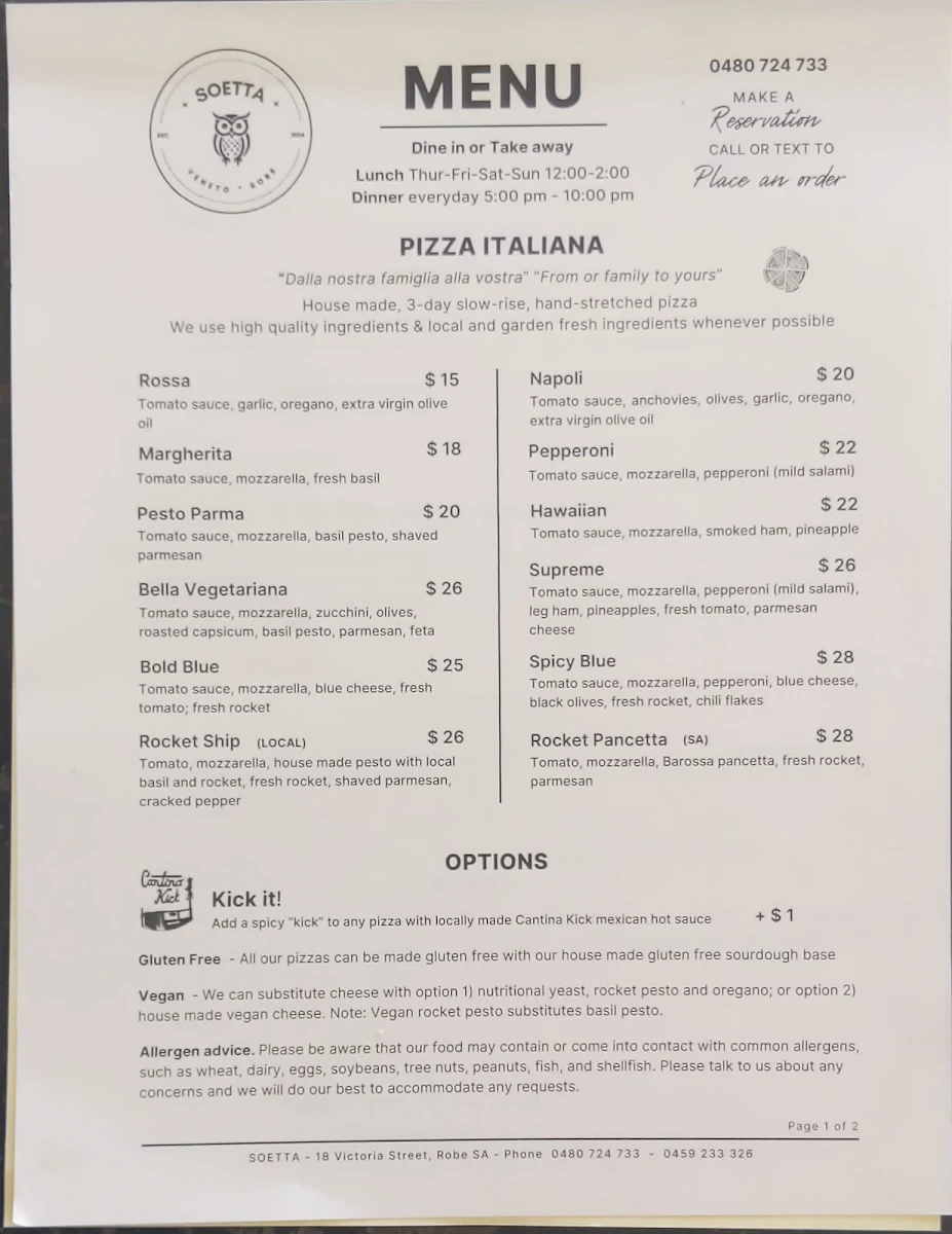 Menu, La Diga Pizzeria Soetta Cafe