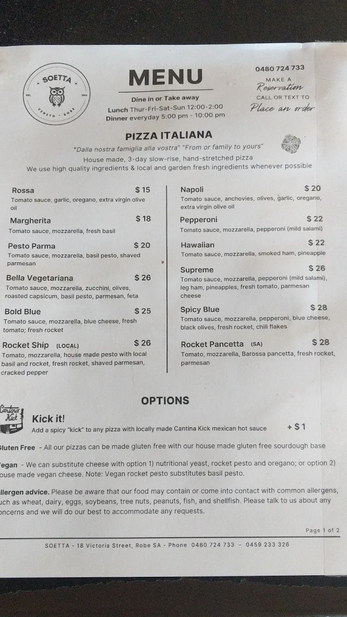 Menu, La Diga Pizzeria Soetta Cafe