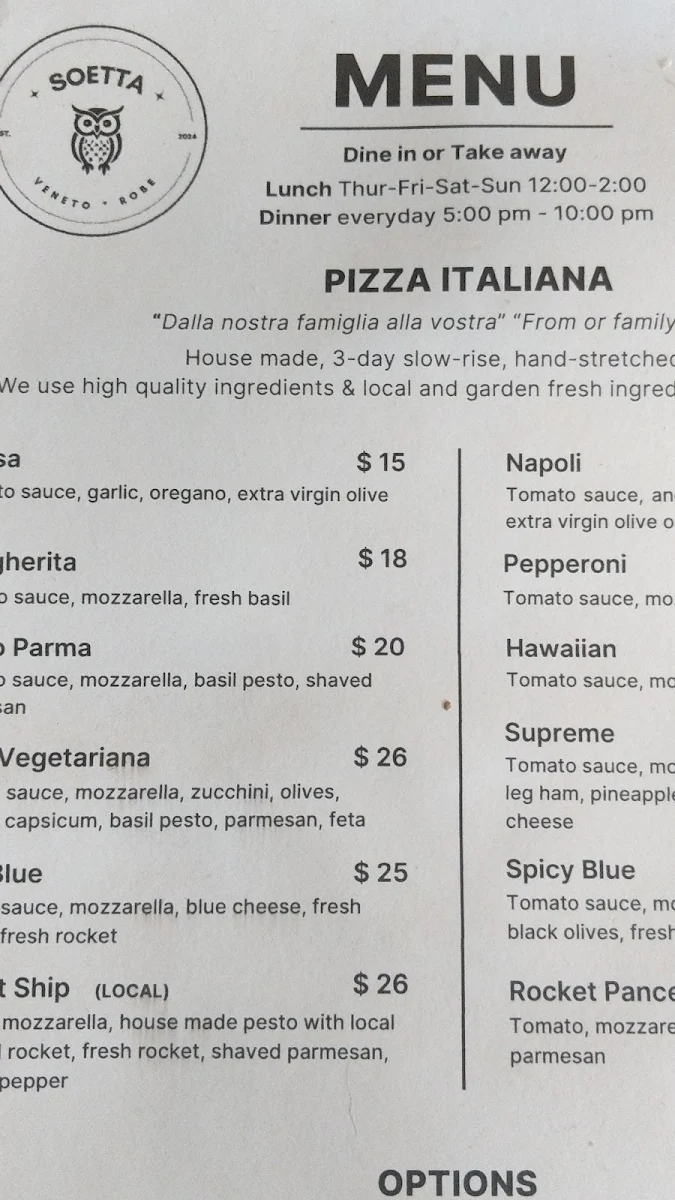 Menu, La Diga Pizzeria Soetta Cafe