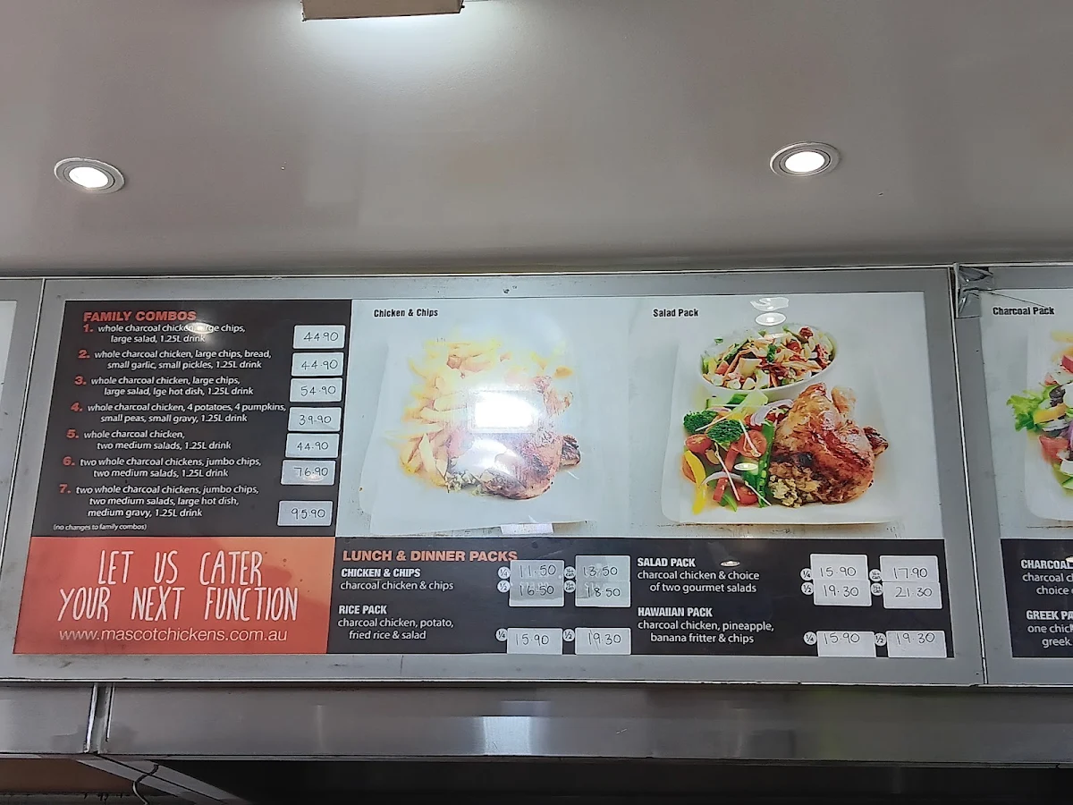 Menu, Mascot Charcoal Chickens