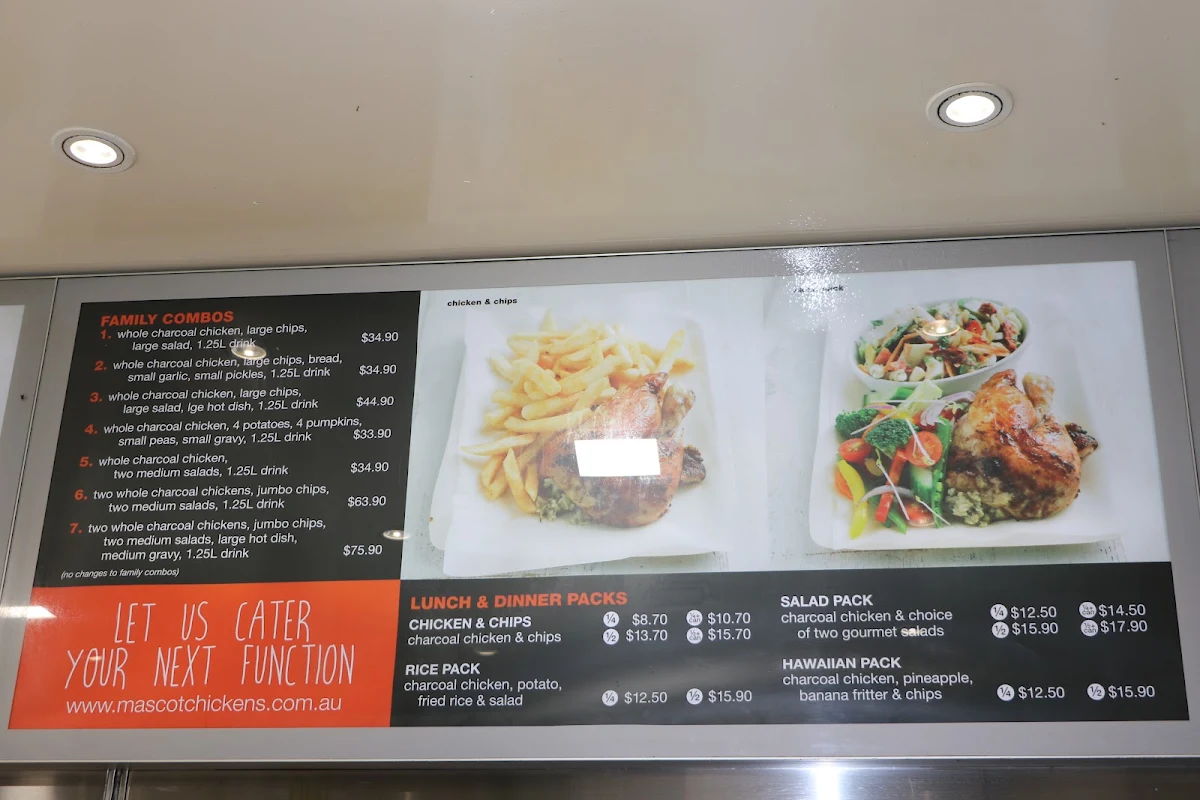 Menu, Mascot Charcoal Chickens