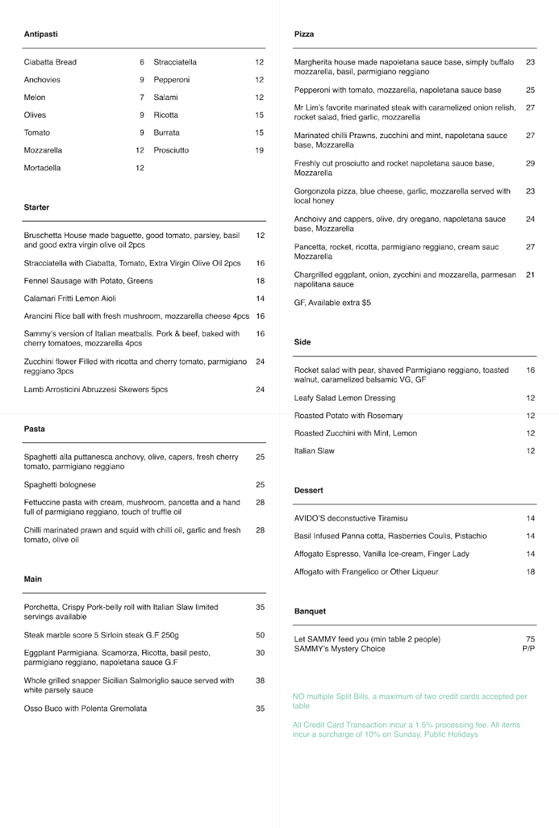 Menu, AVIDO RISTORANTE