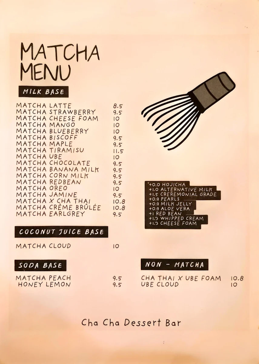 Menu, Cha Cha Dessert Bar