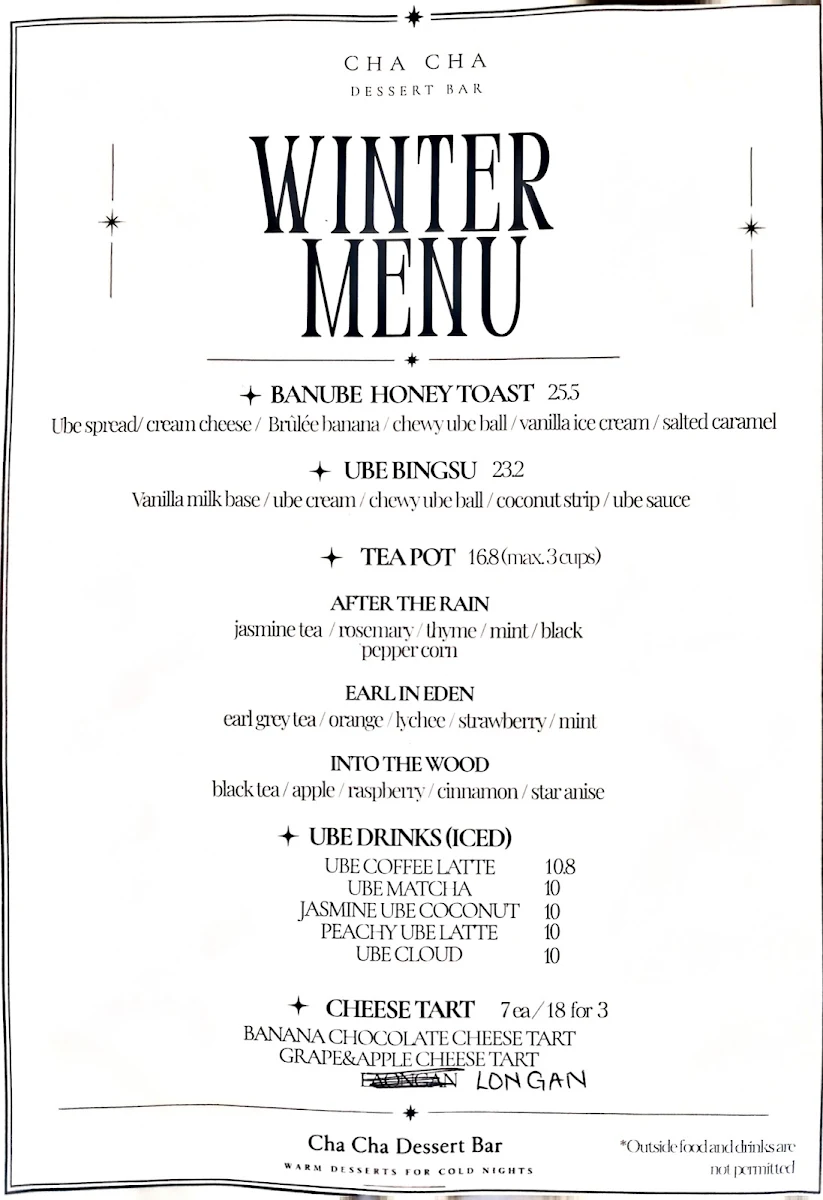 Menu, Cha Cha Dessert Bar