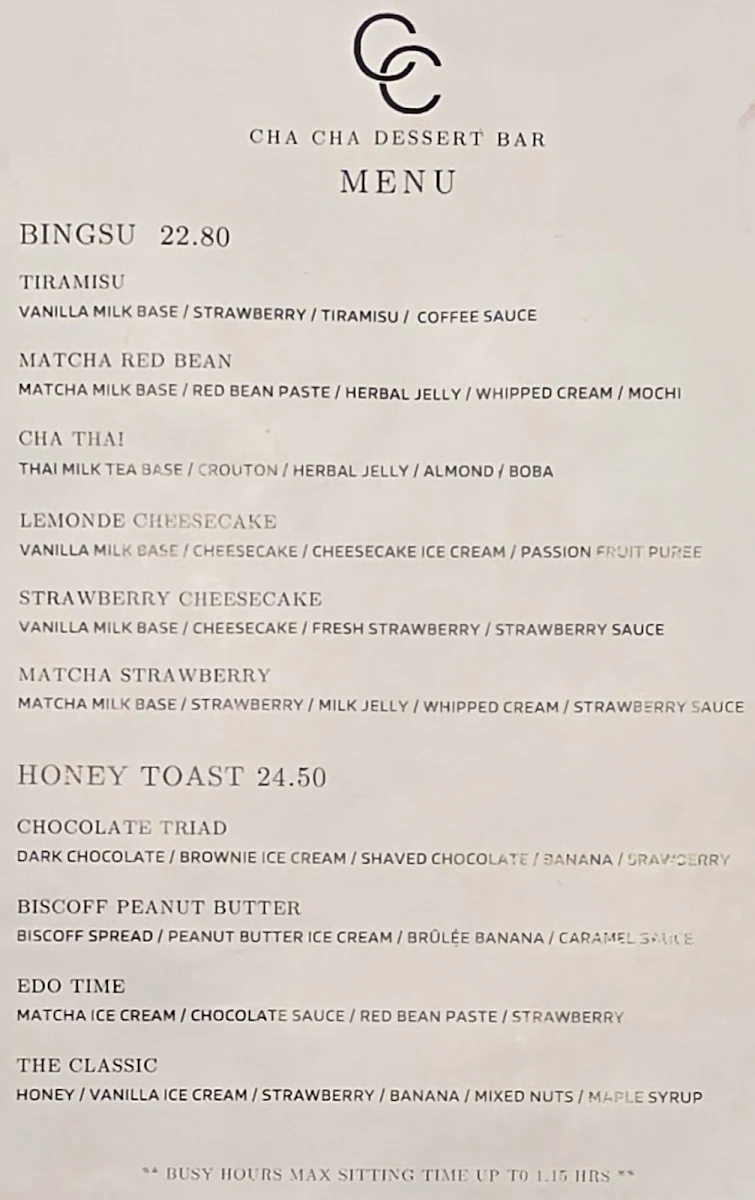 Menu, Cha Cha Dessert Bar