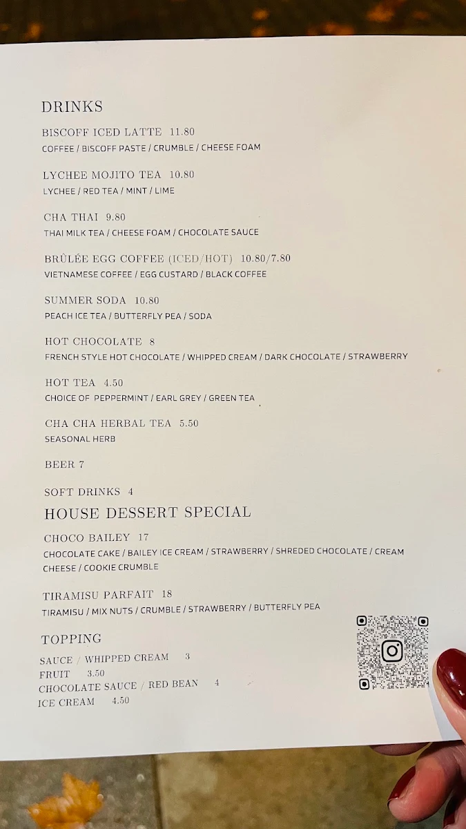 Menu, Cha Cha Dessert Bar