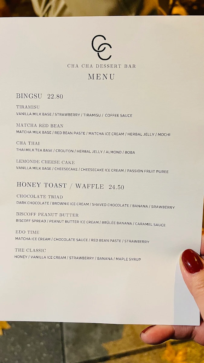 Menu, Cha Cha Dessert Bar
