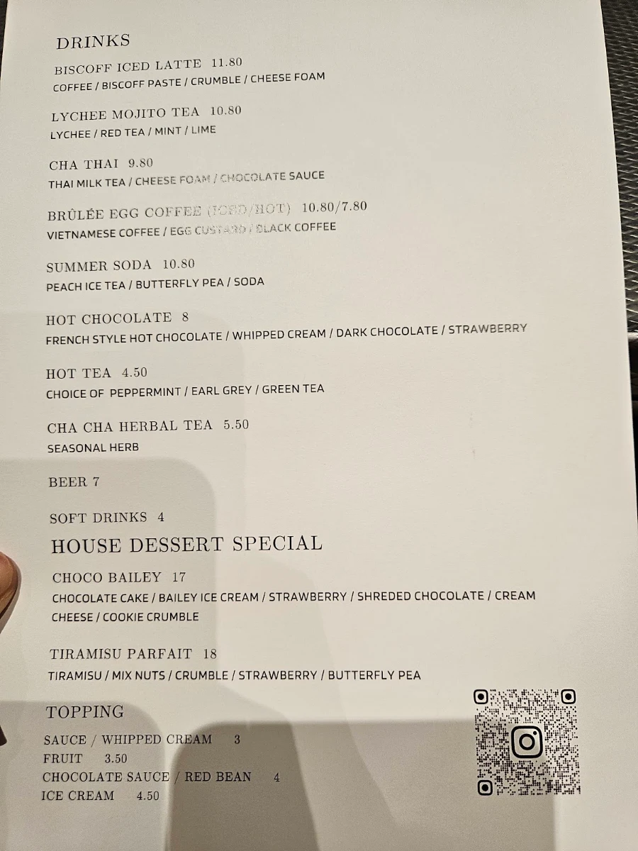 Menu, Cha Cha Dessert Bar