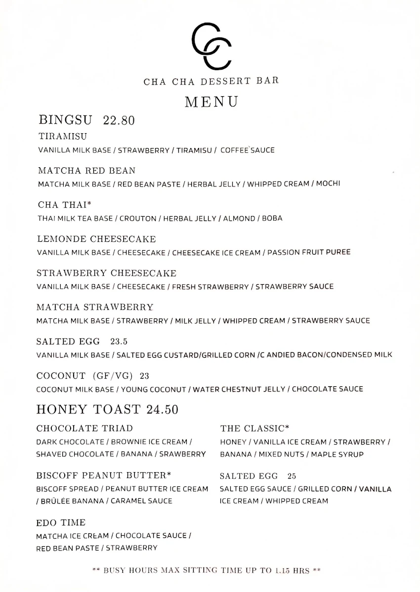 Menu, Cha Cha Dessert Bar