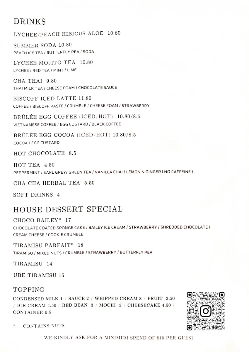 Menu, Cha Cha Dessert Bar
