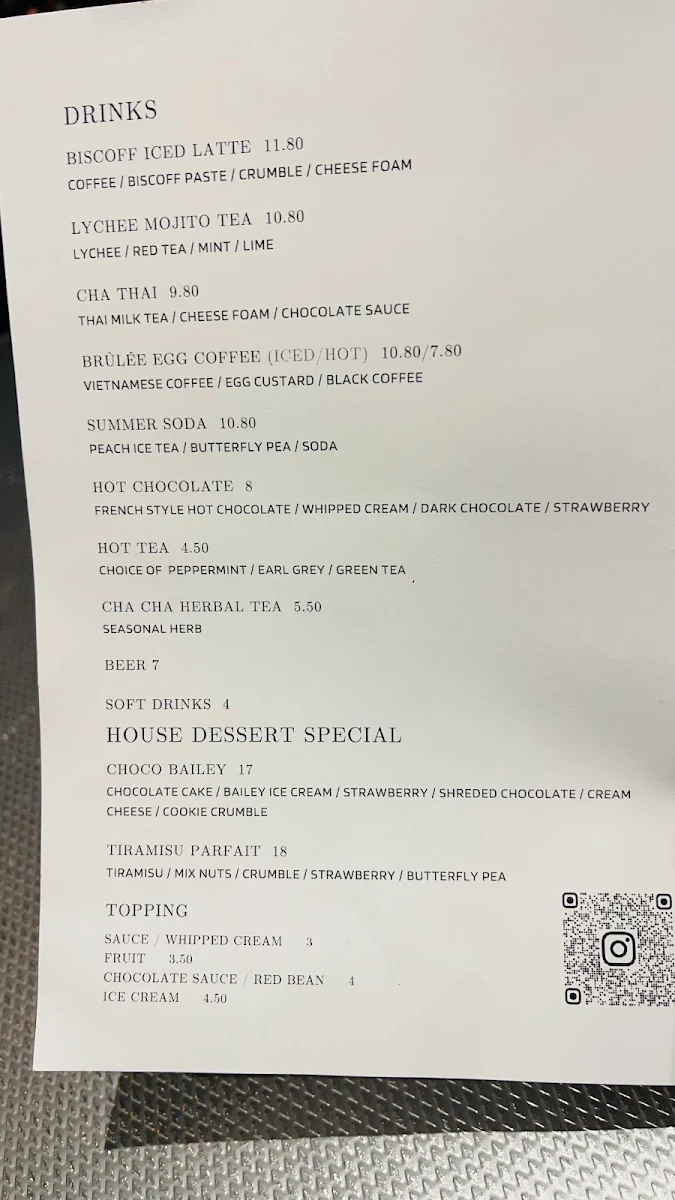 Menu, Cha Cha Dessert Bar