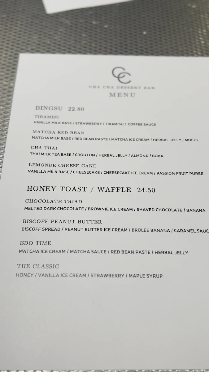 Menu, Cha Cha Dessert Bar