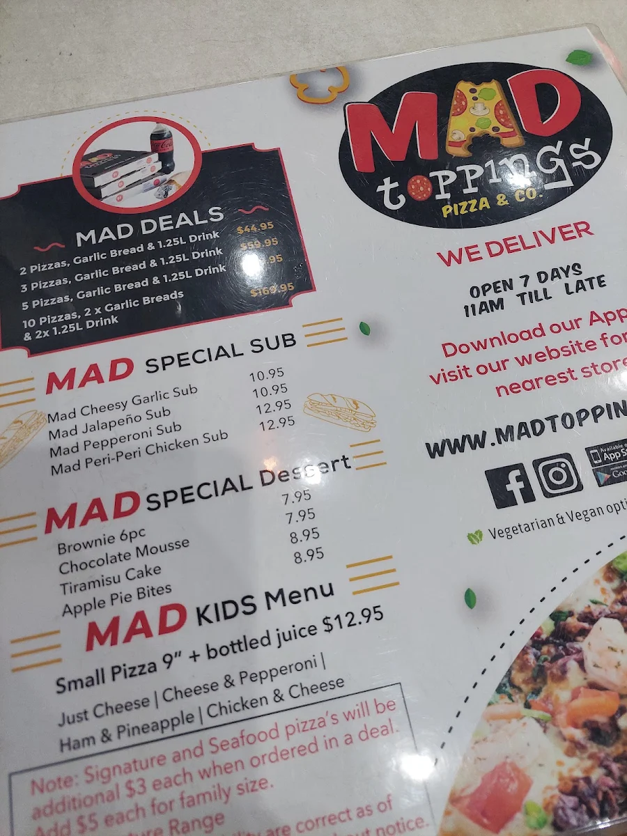 Menu, Mad Toppings Riverstone