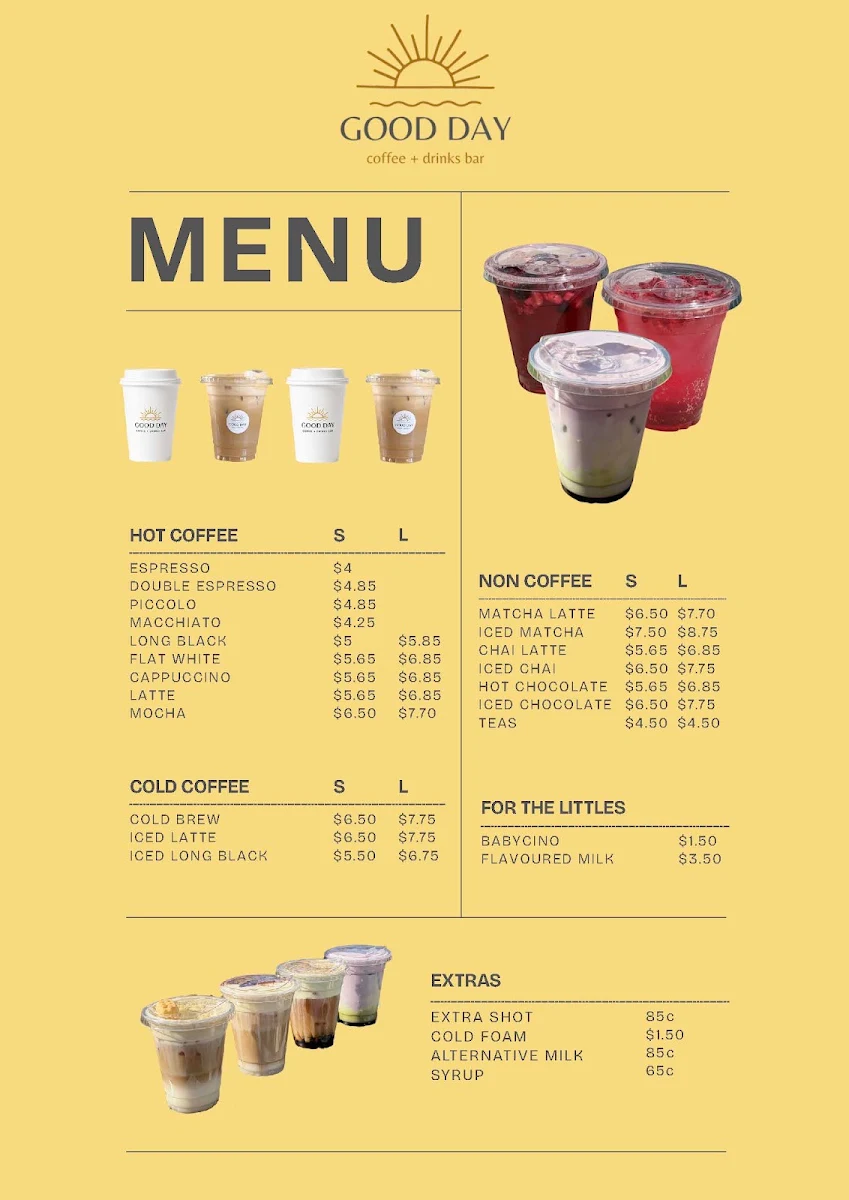 Menu, GOOD DAY Coffee + Drinks Bar