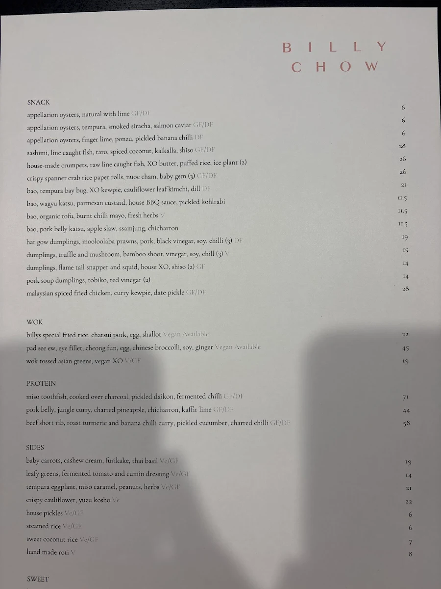 Menu, Billy Chow