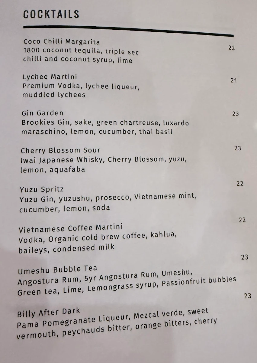 Menu, Billy Chow