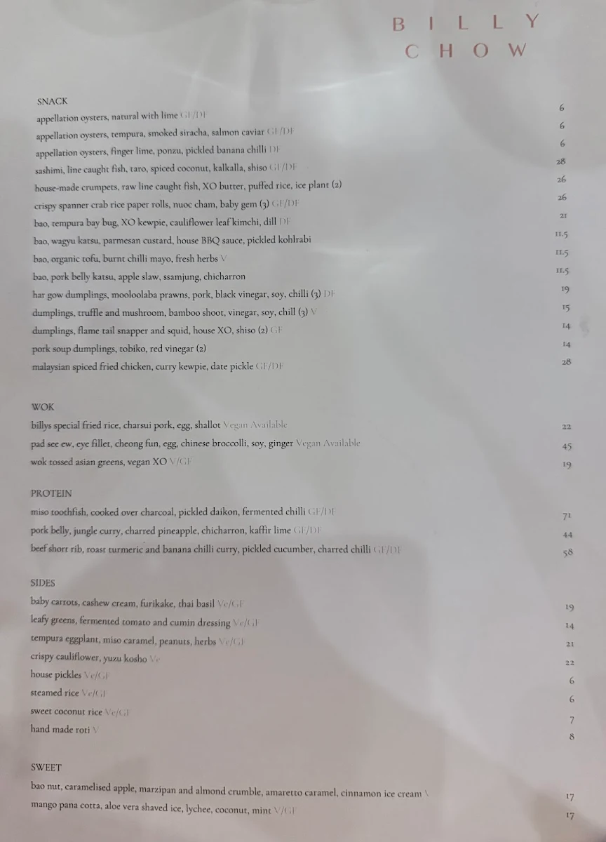 Menu, Billy Chow