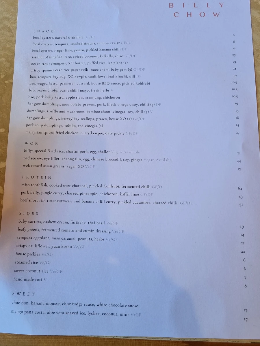 Menu, Billy Chow