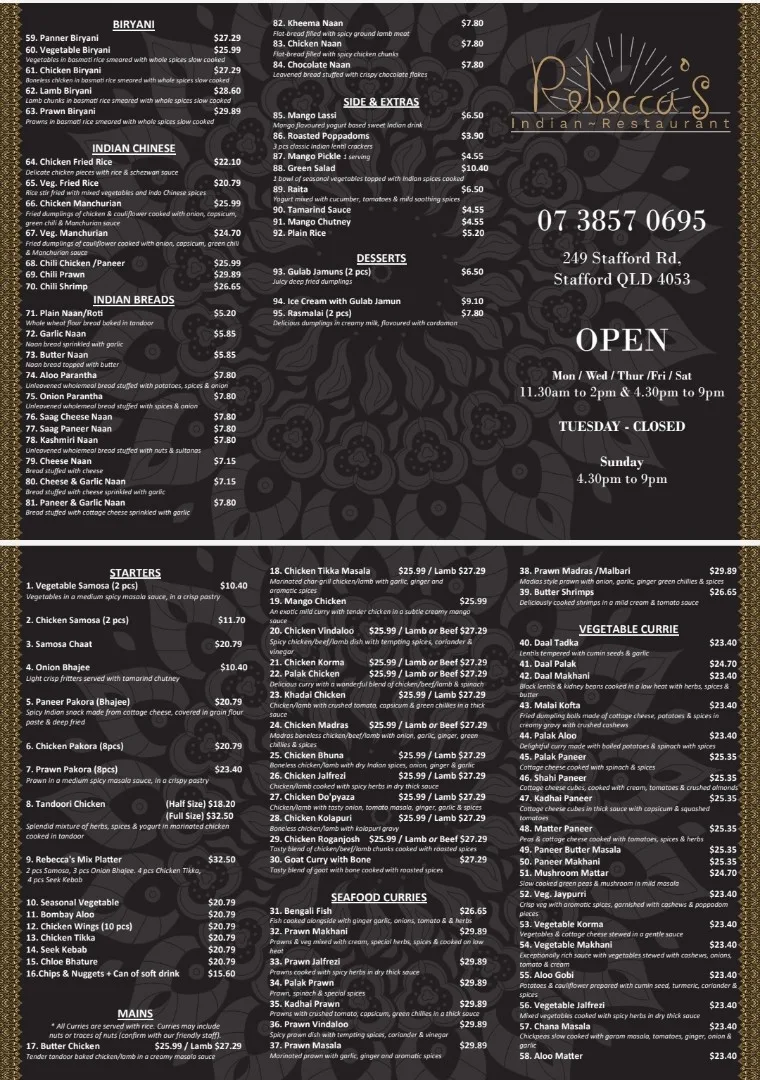 Menu, Rebeccas Indian Restaurant