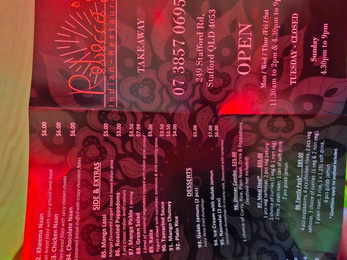 Menu, Rebeccas Indian Restaurant