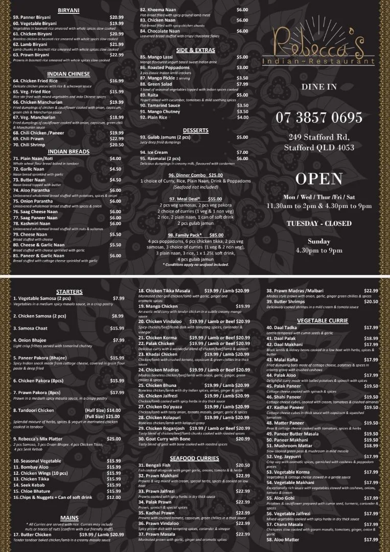 Menu, Rebeccas Indian Restaurant