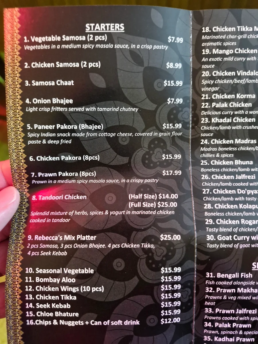 Menu, Rebeccas Indian Restaurant